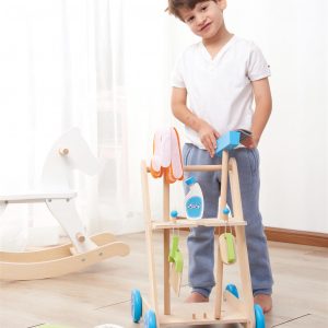 Lelin 11PC Wooden Toy Cleaning Cart Trolley Pretend Play Set for Kids - Image 5
