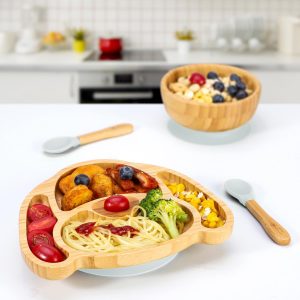 Bamboo Dog Plate Bowl & Spoon Set Suction Bowl Stay-Put Design - GREY - Image 3