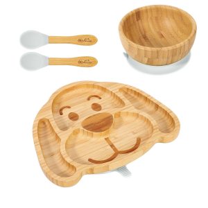 Bamboo Dog Plate Bowl & Spoon Set Suction Bowl Stay-Put Design - GREY - Image 5