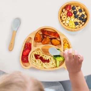 Bamboo Dog Plate Bowl & Spoon Set Suction Bowl Stay-Put Design - GREY - Image 7
