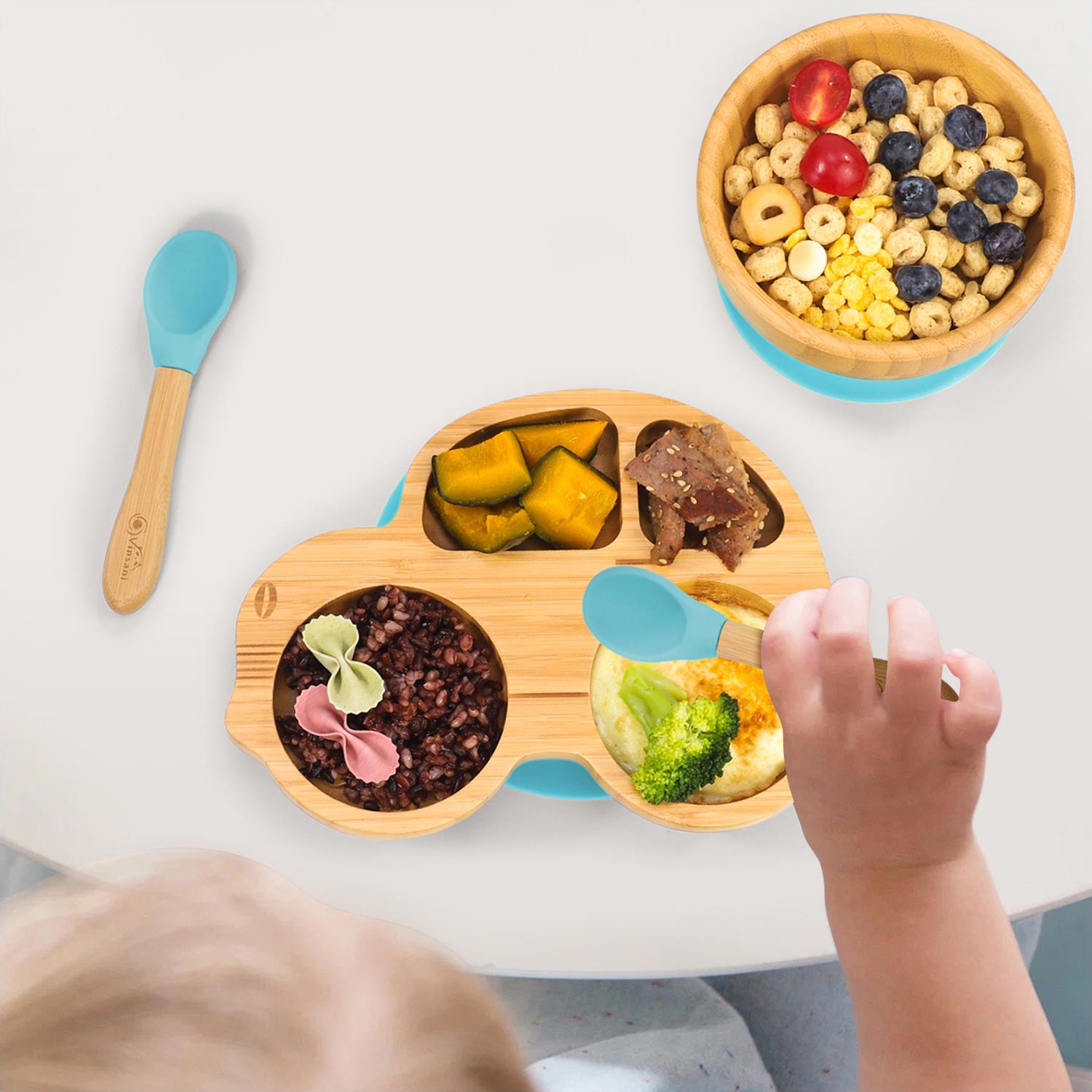 Bamboo Car Plate Bowl & Spoon Set Suction Bowl Stay-Put Design for Kids - BLUE - Image 2