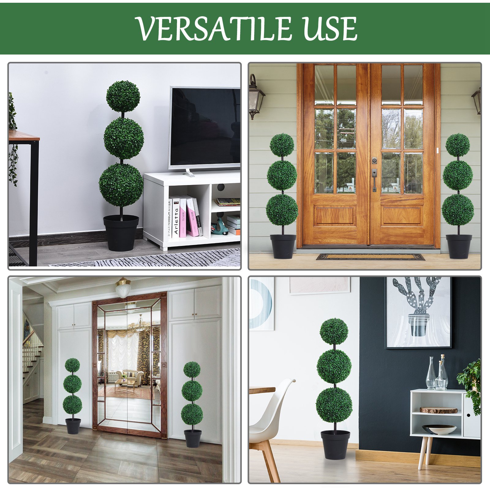 PE Set of 2 Artificial Boxwood Three Balls Topiary Plant Tree's Green - Image 3
