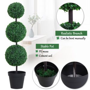 PE Set of 2 Artificial Boxwood Three Balls Topiary Plant Tree's Green - Image 4
