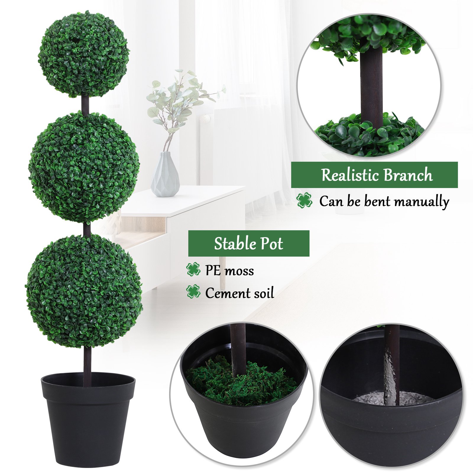 PE Set of 2 Artificial Boxwood Three Balls Topiary Plant Tree's Green - Image 4
