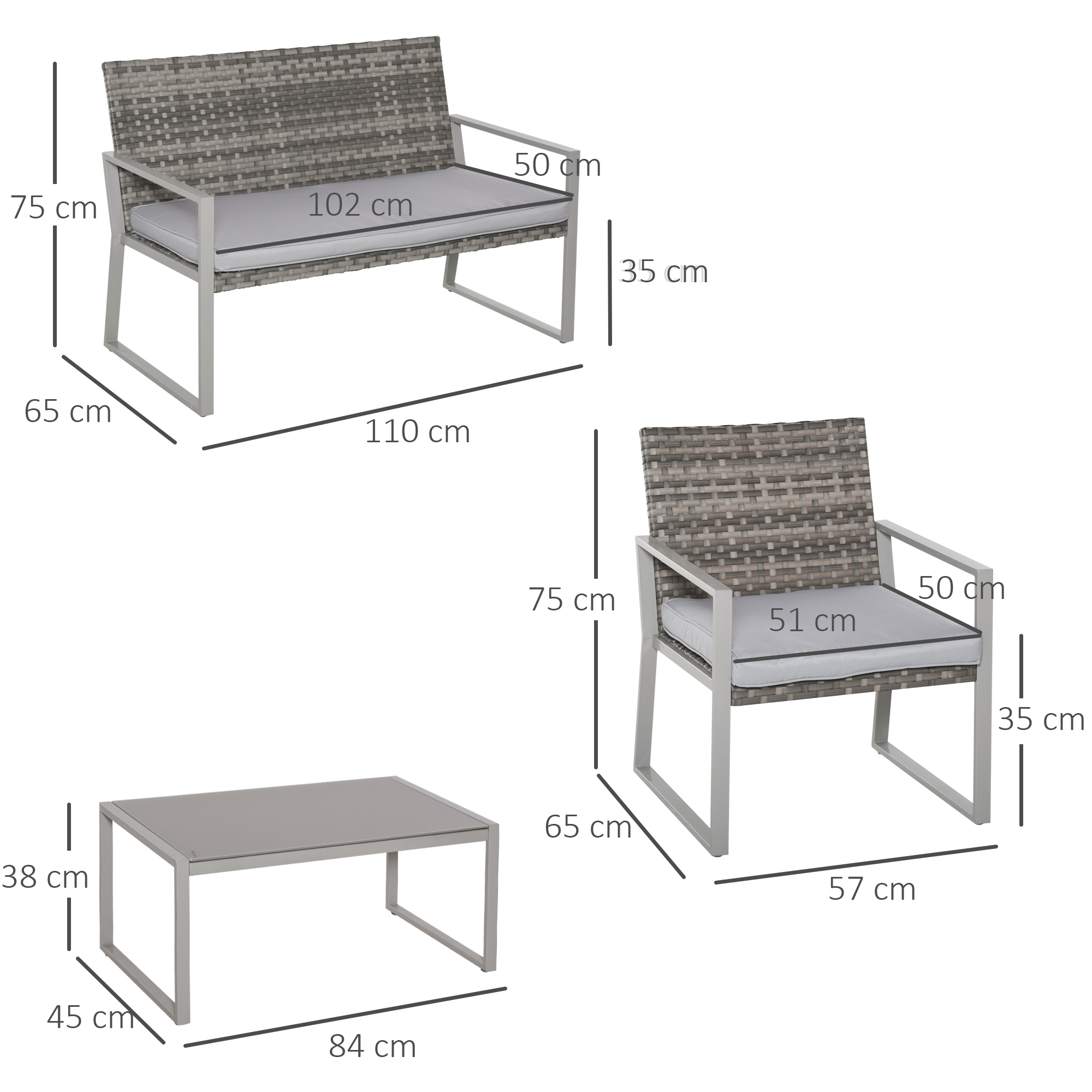 4-Piece Outdoor Garden Rattan Seating Furniture Set Grey - Image 2