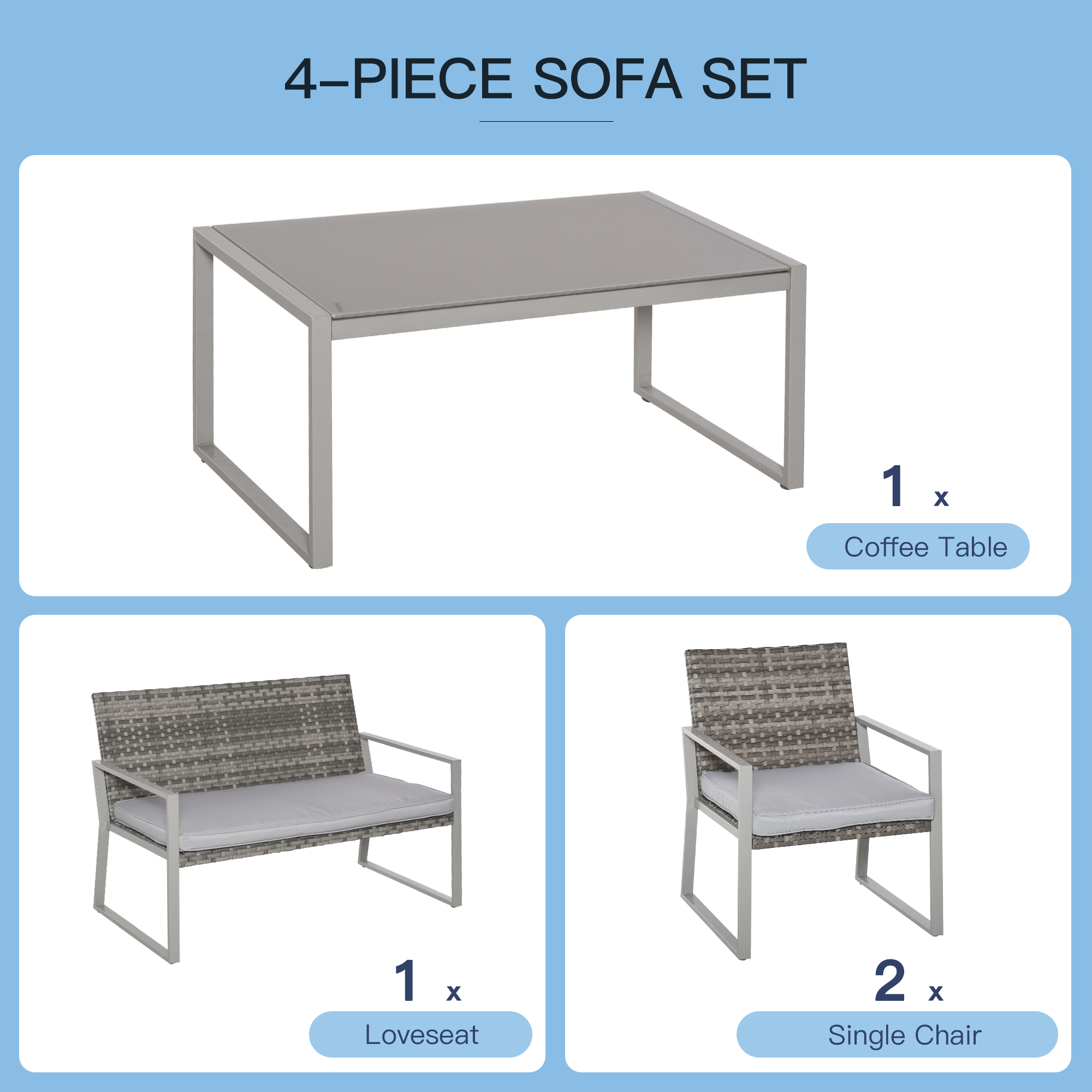 4-Piece Outdoor Garden Rattan Seating Furniture Set Grey - Image 3