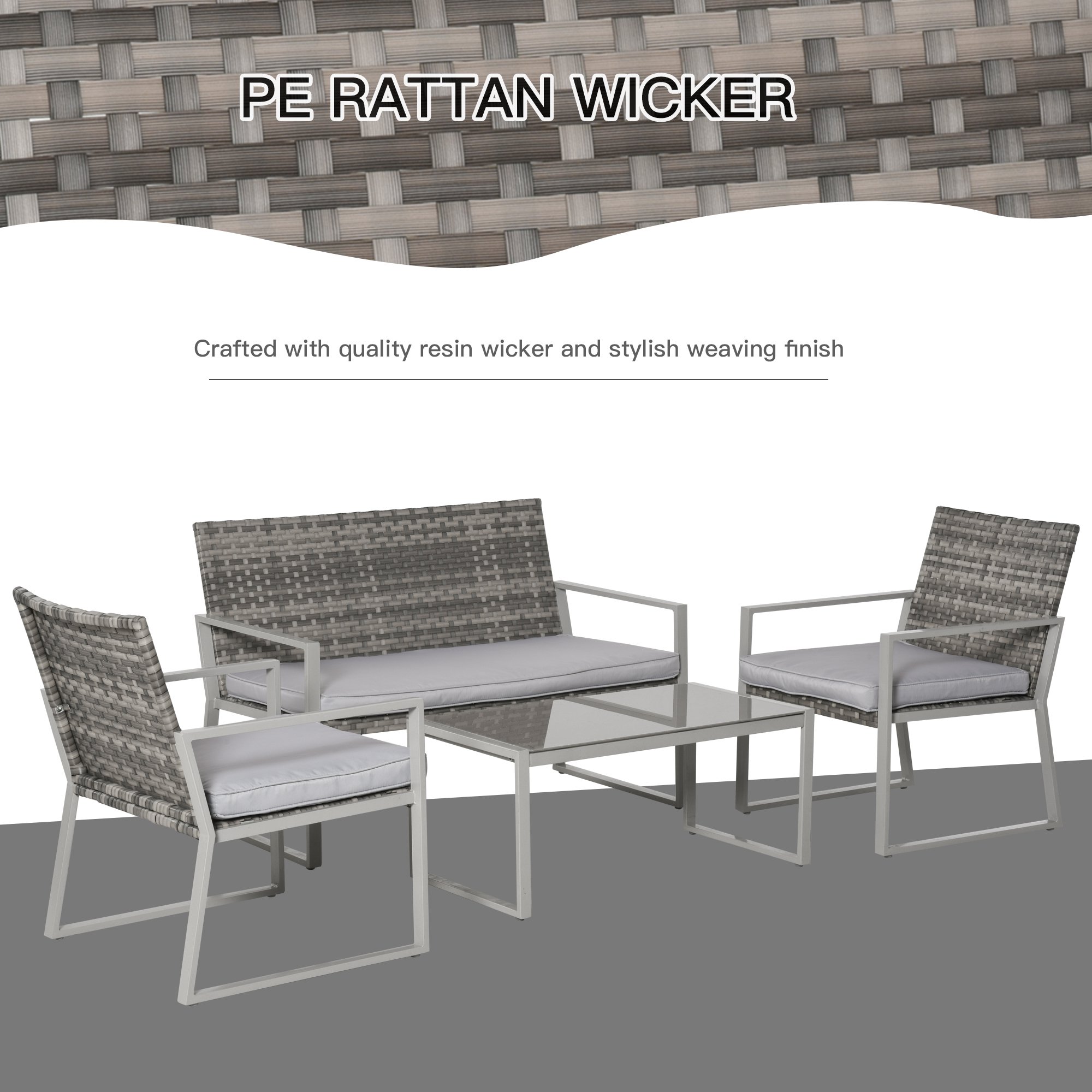 4-Piece Outdoor Garden Rattan Seating Furniture Set Grey - Image 4