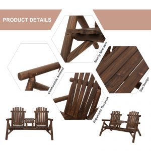 Wood Patio Chair Bench 2 Seats with Center Coffee Table, Garden Bench - Image 3