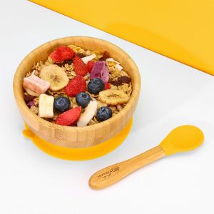 Bamboo Bowl and Spoon Set Suction Plate Stay-Put Design YELLOW