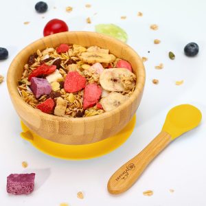 Bamboo Bowl and Spoon Set Suction Plate Stay-Put Design YELLOW - Image 2