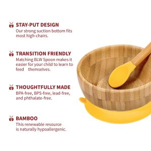 Bamboo Bowl and Spoon Set Suction Plate Stay-Put Design YELLOW - Image 3