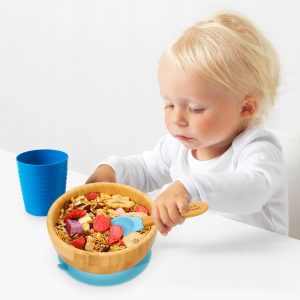 Bamboo Bowl and Spoon Set Suction Plate Stay-Put Design BLUE - Image 3