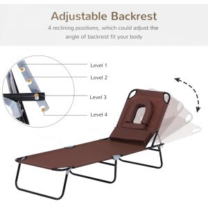 Sun Lounger Foldable Reclining Chair with Pillow and Reading Hole Garden Beach Outdoor Recliner Adjustable Brown | UK - Image 4