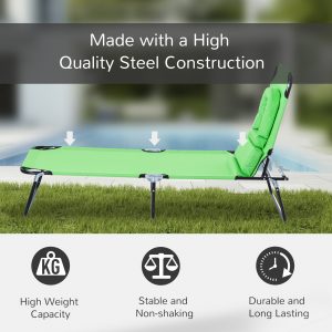 Sun Lounger Foldable Reclining Chair with Pillow and Reading Hole Garden Beach Outdoor Recliner Adjustable Green | UK - Image 5