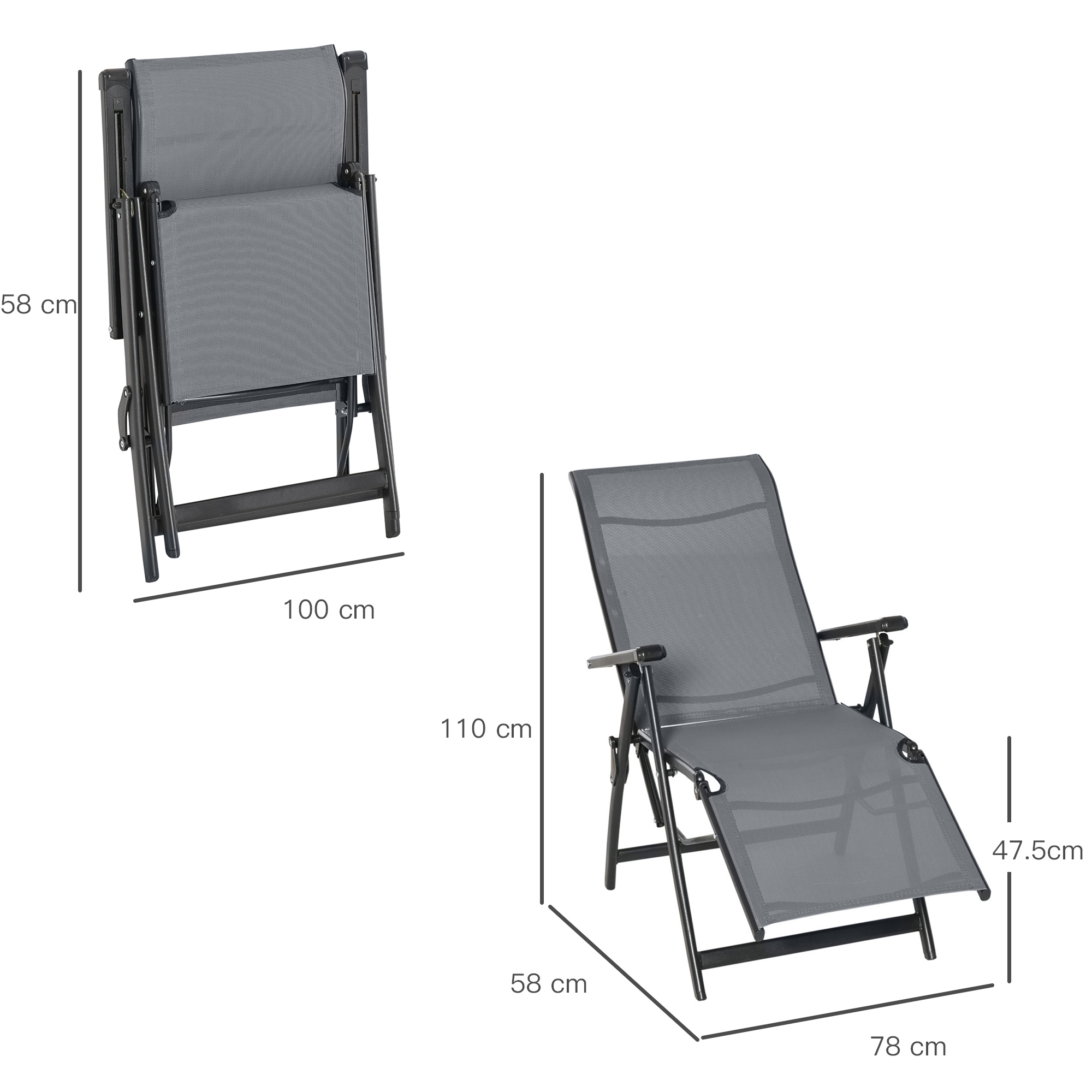 Set of 2 Outdoor Sun Lounger Adjustable Folding Steel Chaise Reclining Lounge Chairs with 10 Back and Leg Positions, Grey | UK - Image 2