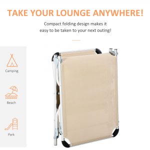 Foldable Reclining Sun Lounger Lounge Chair Camping Bed Cot with Pillow 5-Level Adjustable Back Aluminium Frame Khaki | UK - Image 4
