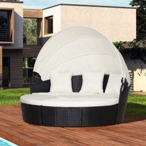PE Rattan 5-Piece Outdoor Garden Round Sofa w/ Canopy Black