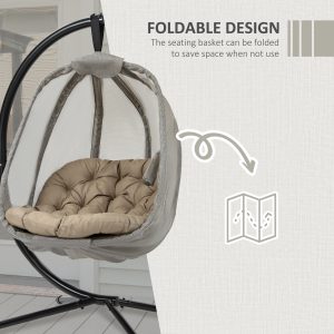 Hanging Egg Chair, Swing Hammock with Cushion and Stand, Khaki - Image 5