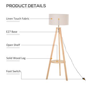 Floor Lamp, 154H cm-Beige/Natural Wood Colour - Image 4