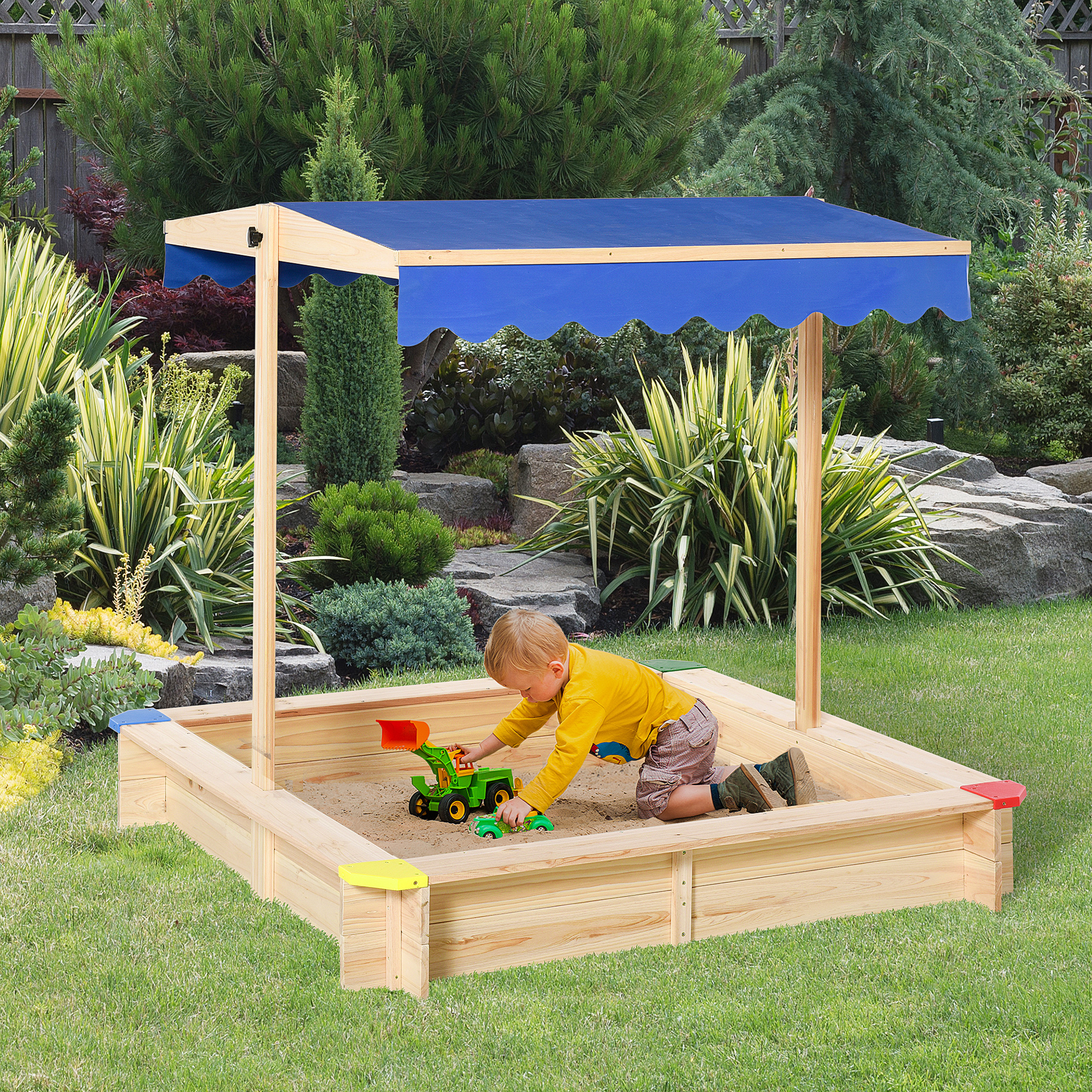 Kids Wooden Cabana Sandbox Children Outdoor Playset w/ Bench Canopy - Image 2