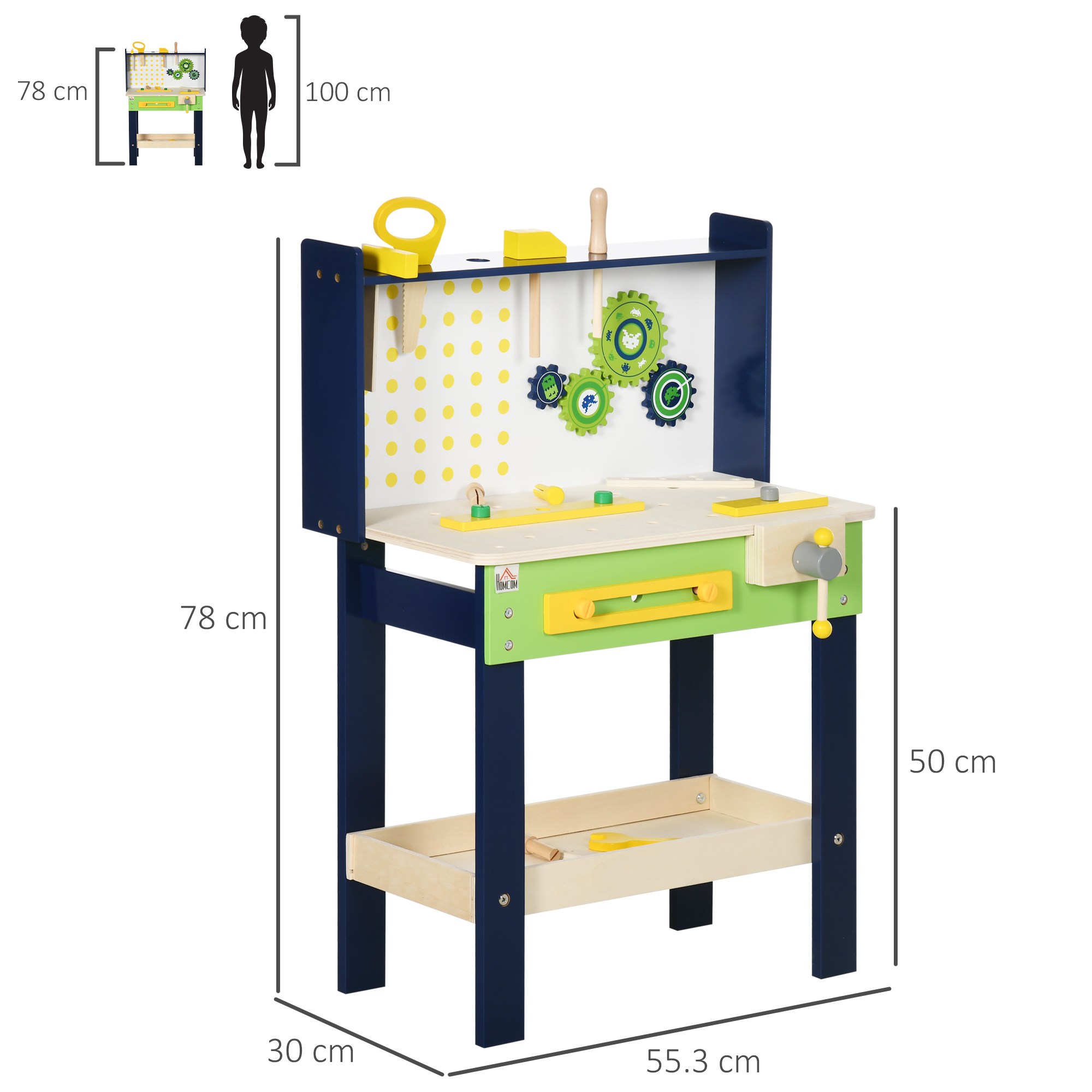 Tool Bench for Kids, Wooden Workbench w/ 27 Pieces 55 x 30 x 78 cm - Image 3