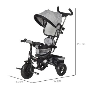 3 in 1 Kids Tricycle Pedal Push Trike with Canopy, Parent Handle Grey - Image 3