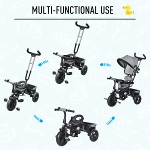 3 in 1 Kids Tricycle Pedal Push Trike with Canopy, Parent Handle Grey - Image 4