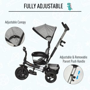 3 in 1 Kids Tricycle Pedal Push Trike with Canopy, Parent Handle Grey - Image 5