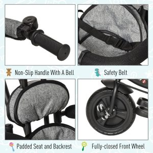 3 in 1 Kids Tricycle Pedal Push Trike with Canopy, Parent Handle Grey - Image 7