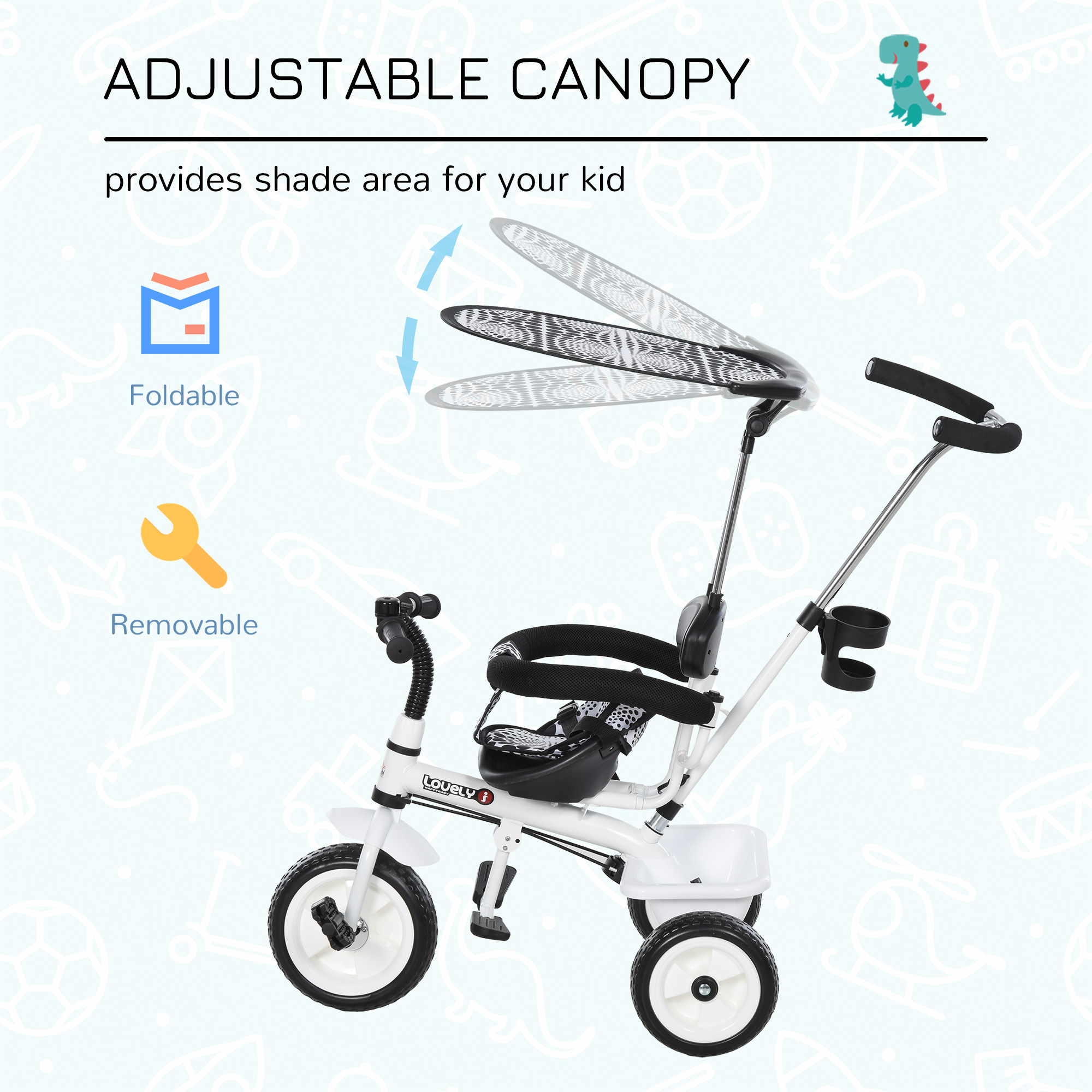Kids Children Tricycle Ride on 3 Wheels Safe Canopy w/ Handle White - Image 5