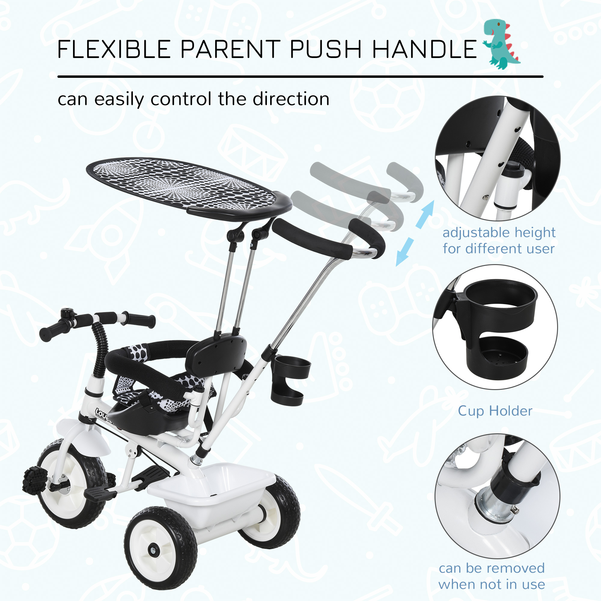 Kids Children Tricycle Ride on 3 Wheels Safe Canopy w/ Handle White - Image 6