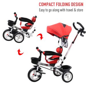 4-in-1 Baby Tricycle Folding Kids Trike Detachable w/ Canopy Red - Image 6