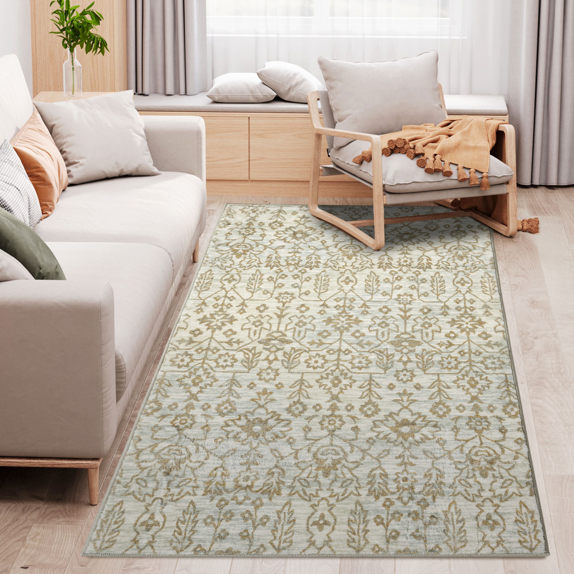 Beige Rug Floral Pattern Carpet for Living Room, Bedroom, 150 x 80cm