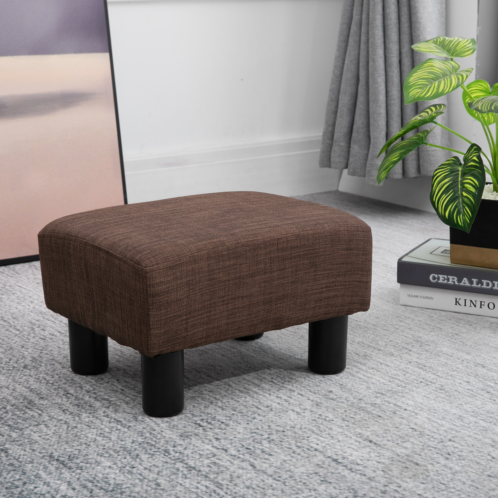 Chic Linen Fabric Footstool Ottoman Cube w/ 4 Plastic Legs Brown - Image 2