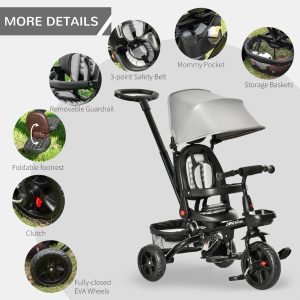 4 in 1 Kids Tricycle w/ Push Handle Brake Clutch Footrest Handrail Belt - Image 9
