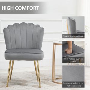 Velvet-Feel Shell Luxe Accent Chair Home Bedroom Lounge Metal Legs Grey - Image 6