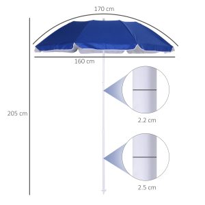 arc1.7m Outdoor Beach Umbrella Parosol Tilt Sun Shelter w/ Bag Blue Outsunny - Image 3