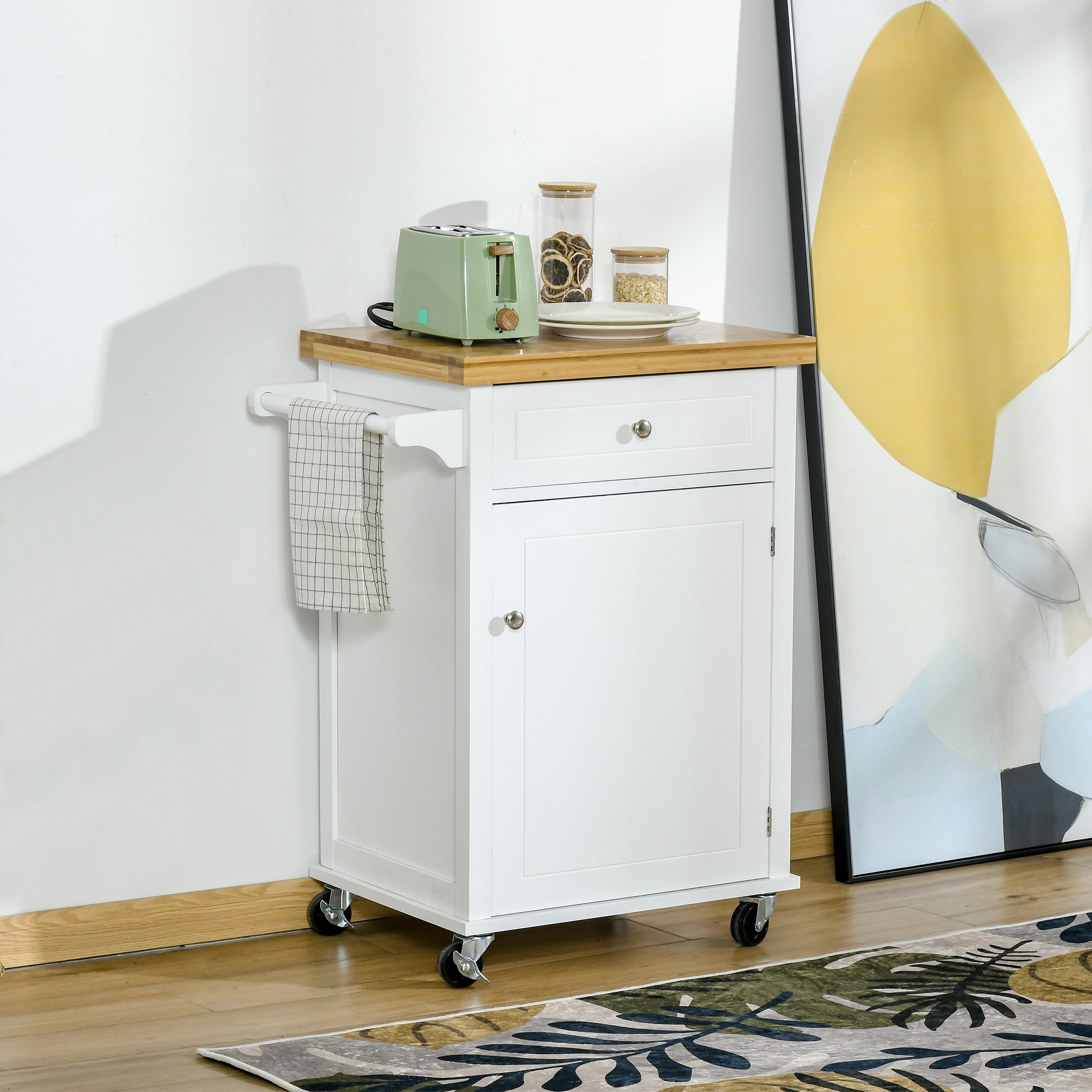 Rolling Kitchen Cart Storage Trolley with Drawer Towel Rail White - Image 2