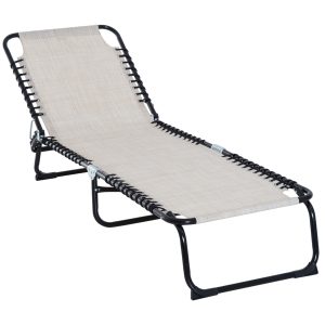 Sun Lounger Folding Chair Recliner & 4 Adjustable Backrest - Cream & White