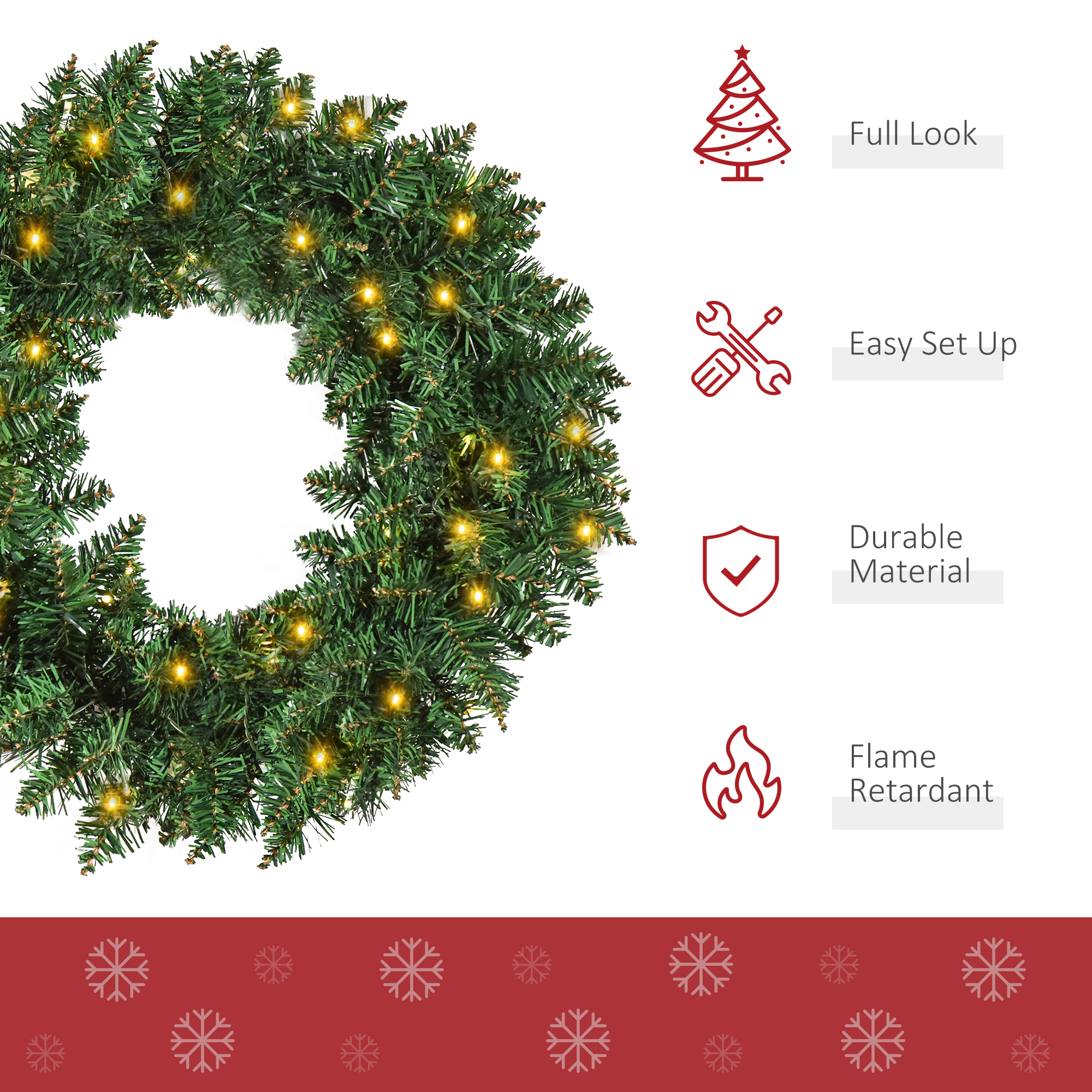 55CM Pre-lit Christmas Wreath 50 Warm White LED Ideal Xmas Artificial Door Deco - Image 4