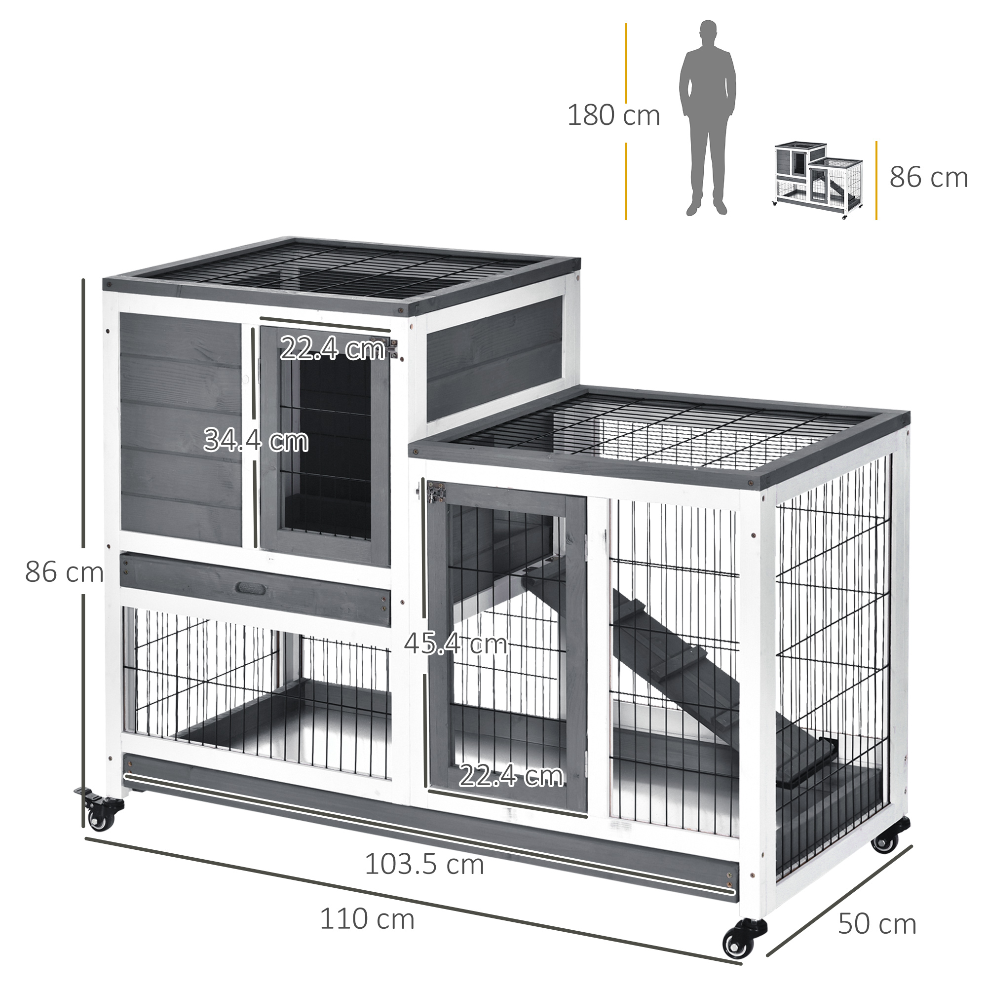 Wooden Rabbit Hutch Bunny Guinea Pigs House Cage Wheels Indoor 110 x 50 x 86cm - Image 3