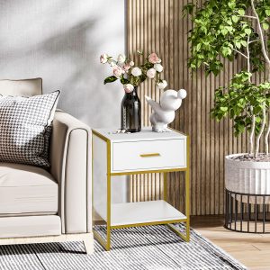 Modern Bedside Table Side Table Nightstand w/ Drawer Shelf White Gold - Image 4
