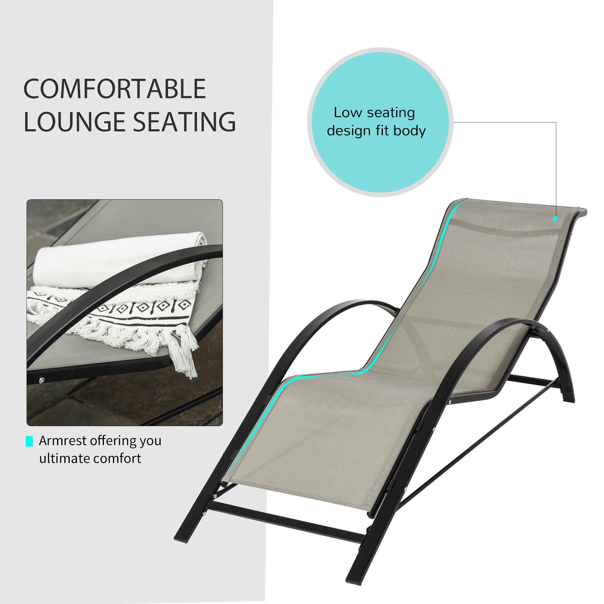 3 Pieces Lounge Chair Set Garden Sunbathing Chair w/ Table Grey Outsunny - Image 4