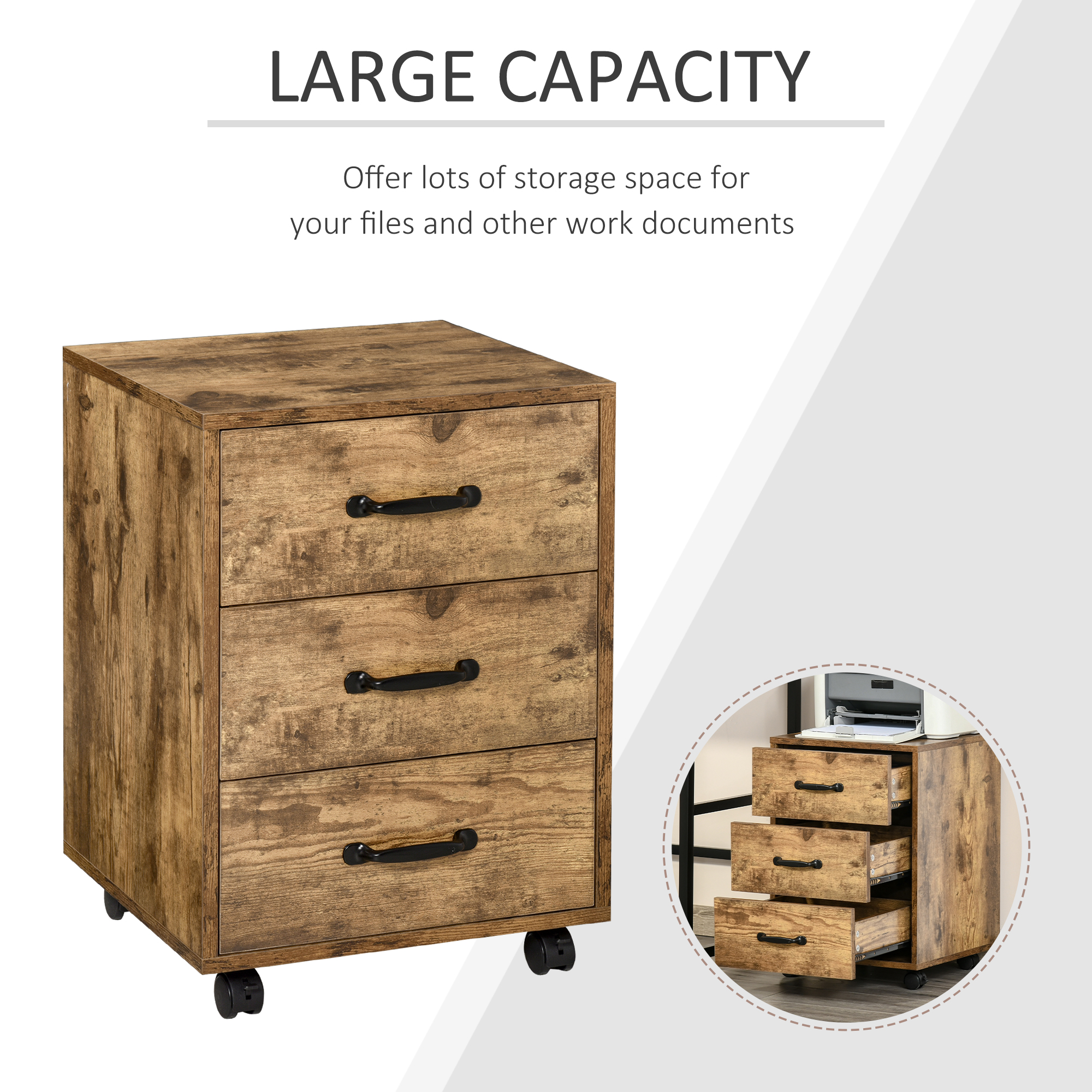 Rolling File Cabinet with 3 Drawers, Under Desk Mobile Filing Organizer HOMCOM - Image 4