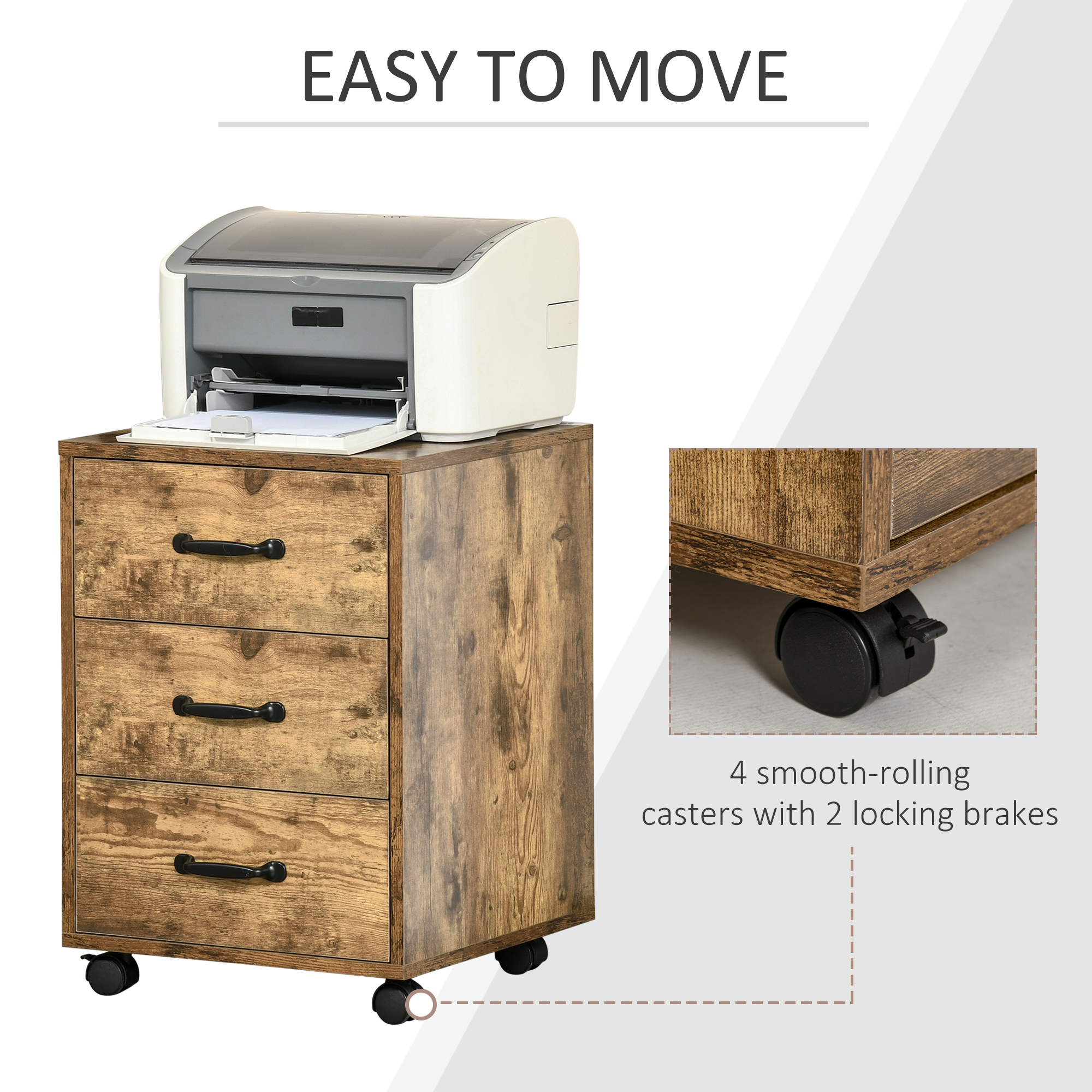 Rolling File Cabinet with 3 Drawers, Under Desk Mobile Filing Organizer HOMCOM - Image 5