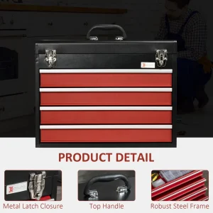 4 Drawer Tool Chest Lockable Tool Box w/ Ball Bearing Runners 51cmx22cmx39.5cm - Image 4