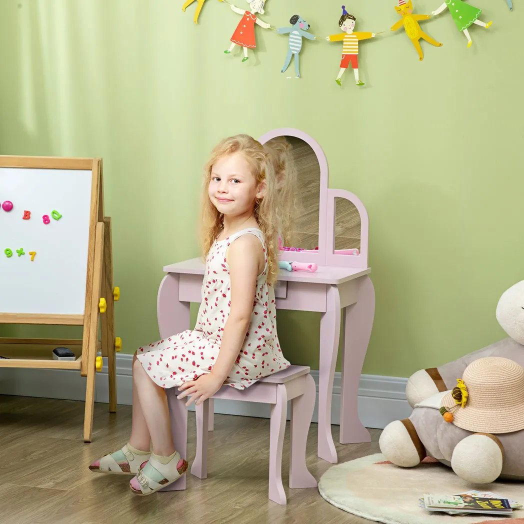 Kids Dressing Table and Stool w/ Mirror and Drawer, for Ages 3-6 Years - Pink - Image 2