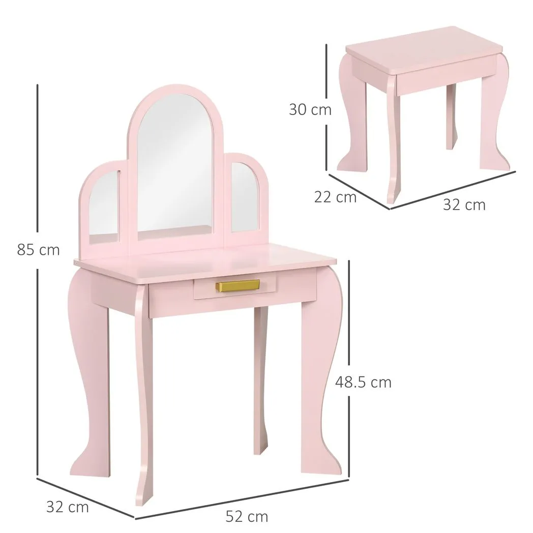 Kids Dressing Table and Stool w/ Mirror and Drawer, for Ages 3-6 Years - Pink - Image 3