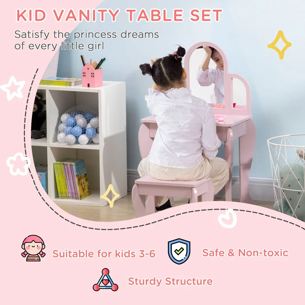 Kids Dressing Table and Stool w/ Mirror and Drawer, for Ages 3-6 Years - Pink - Image 4