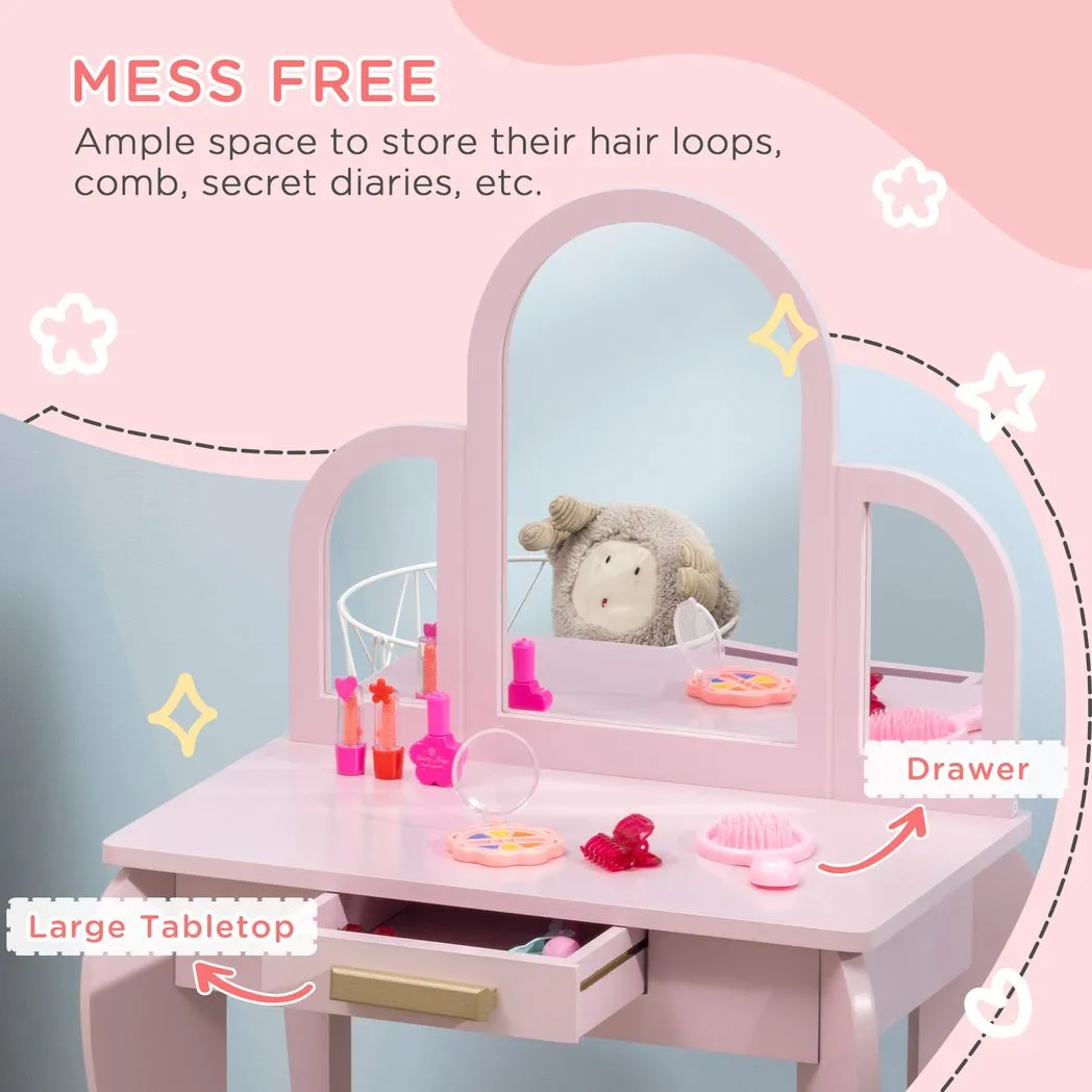Kids Dressing Table and Stool w/ Mirror and Drawer, for Ages 3-6 Years - Pink - Image 5